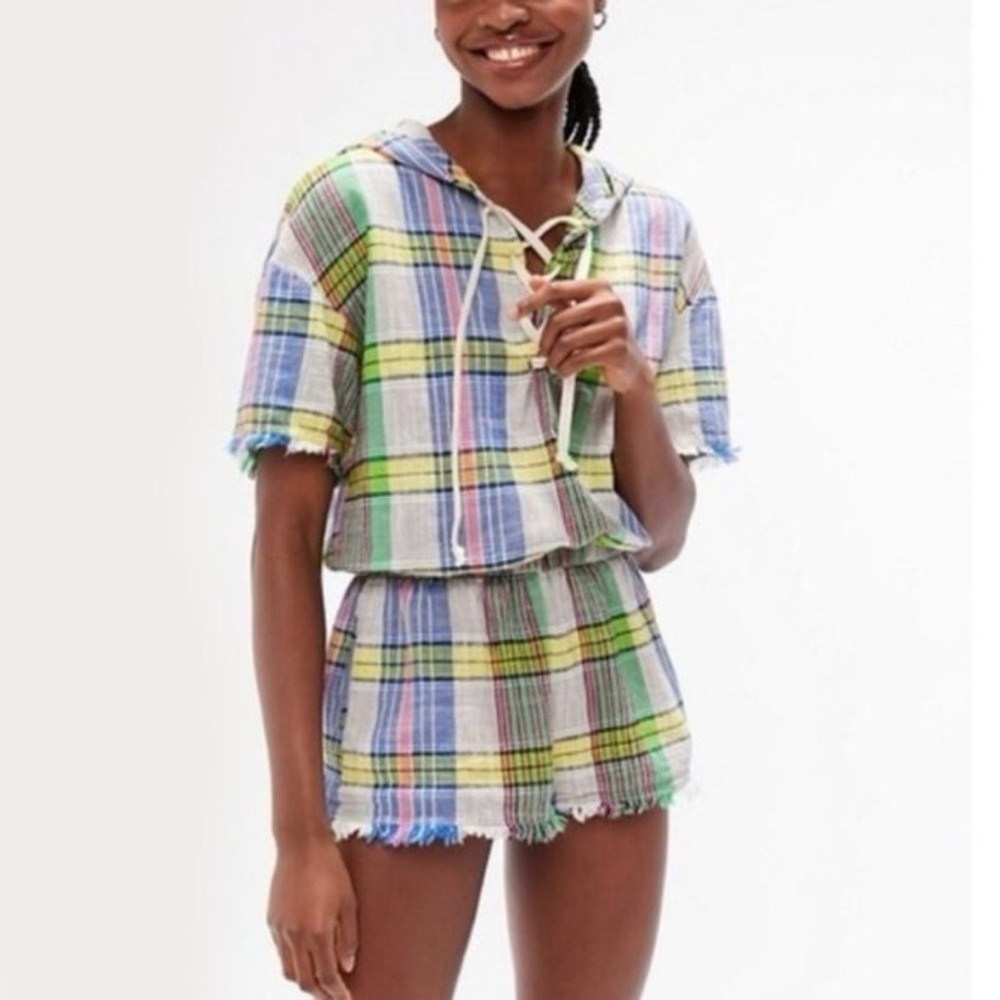 Urban Outfitters Hooded Linen Blend Plaid Corset style V-neck Romper Sz S